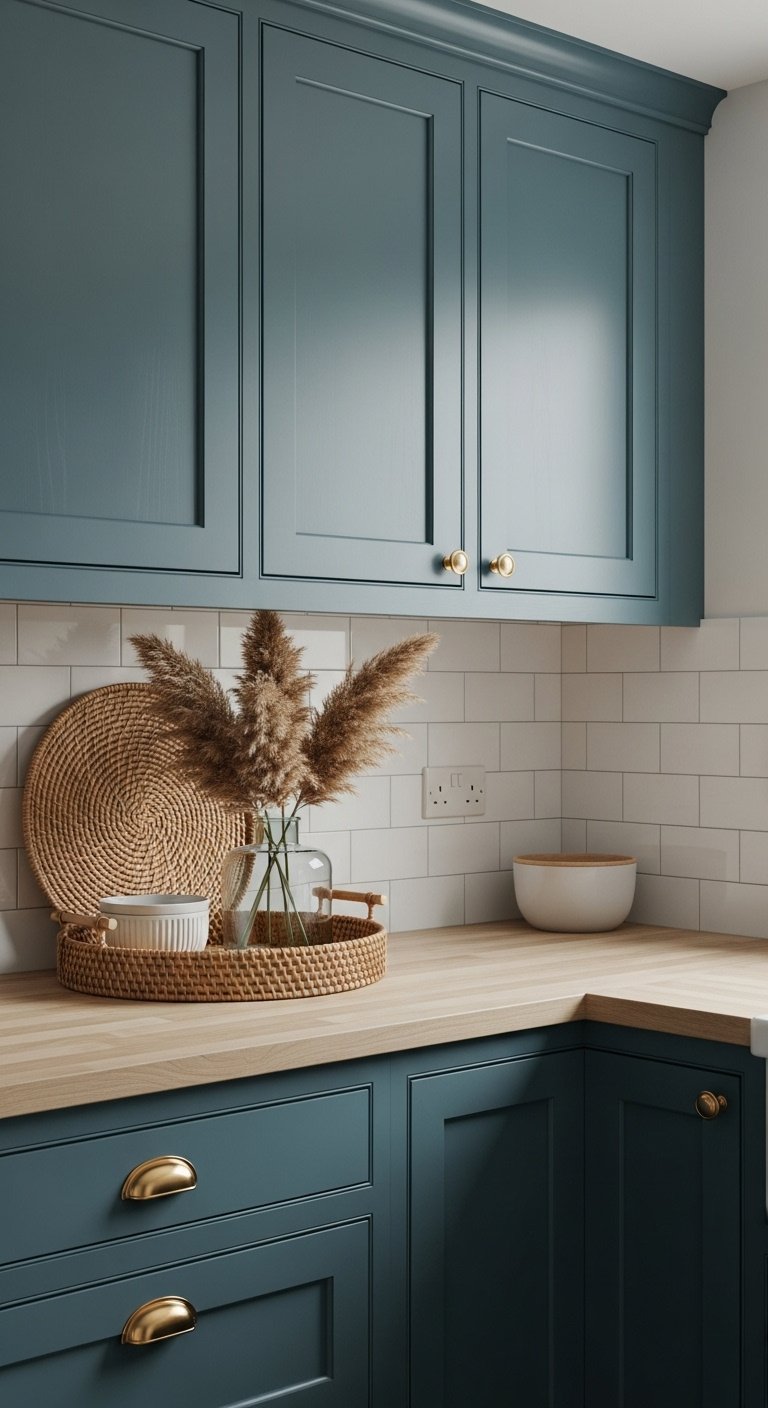 Coastal kitchen with rich blue-green shaker cabinets light butcher block countertop and white tile backsplash