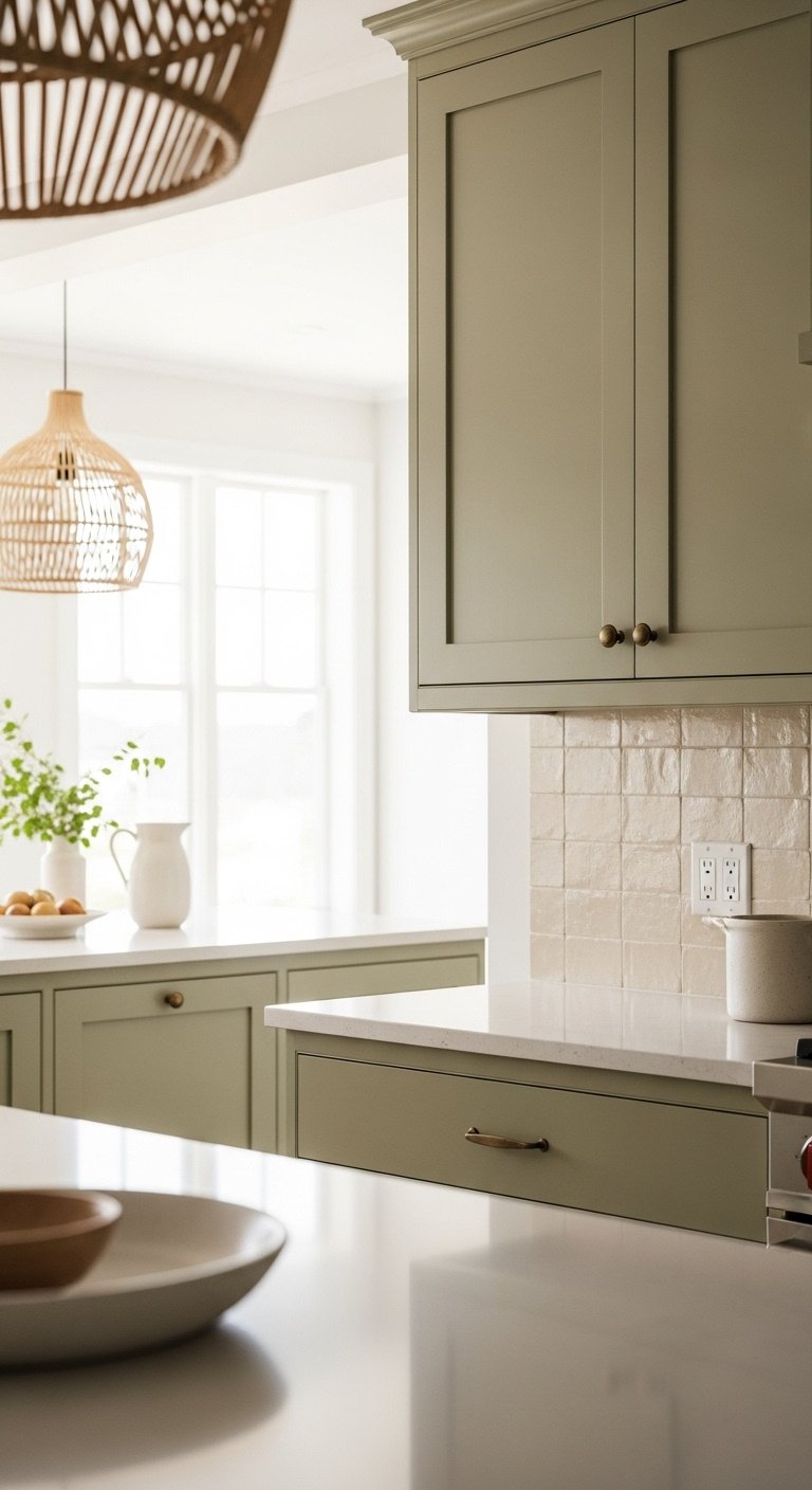 Coastal olive green kitchen with muted cabinets zellige tiles sandy quartz rattan pendant ceramic pitcher serene airy