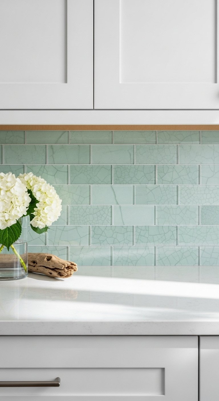 Coastal serene sea glass green subway tile backsplash with light gray quartz countertop and off-white cabinet
