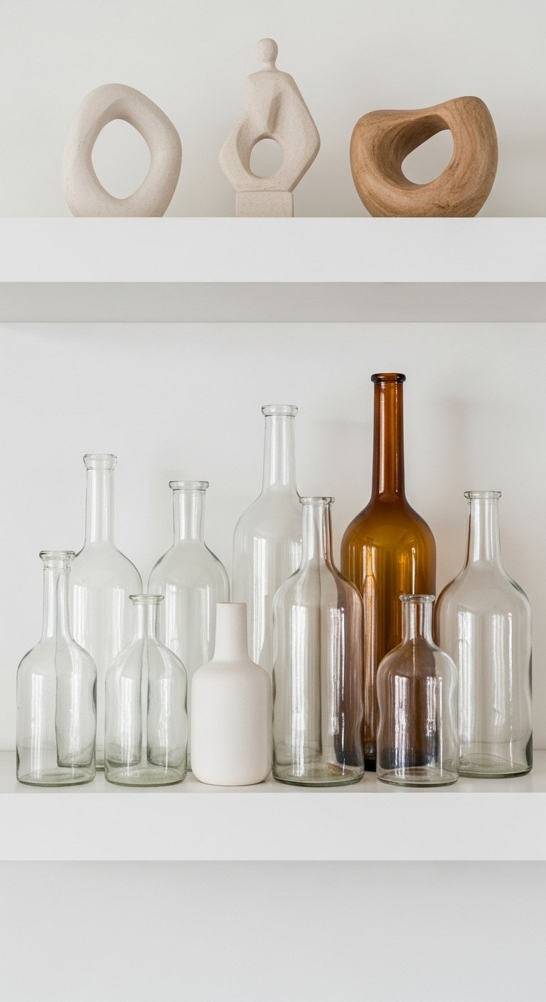 Collection of 5-7 glass bottles or ceramic vases in varying heights and shapes arranged on top of kitchen cabinets