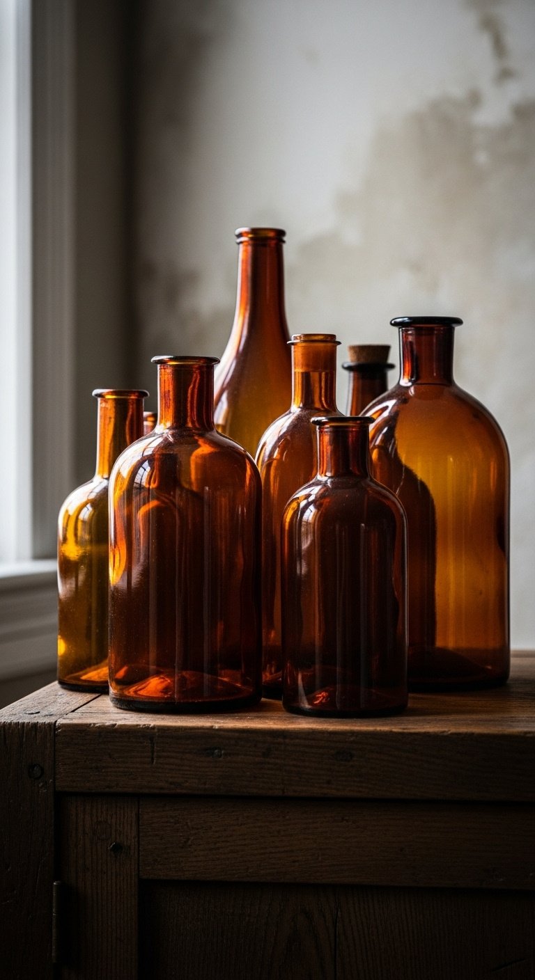 Collection of antique amber glass bottles of varying heights grouped on top of a rustic dark wood cabinet