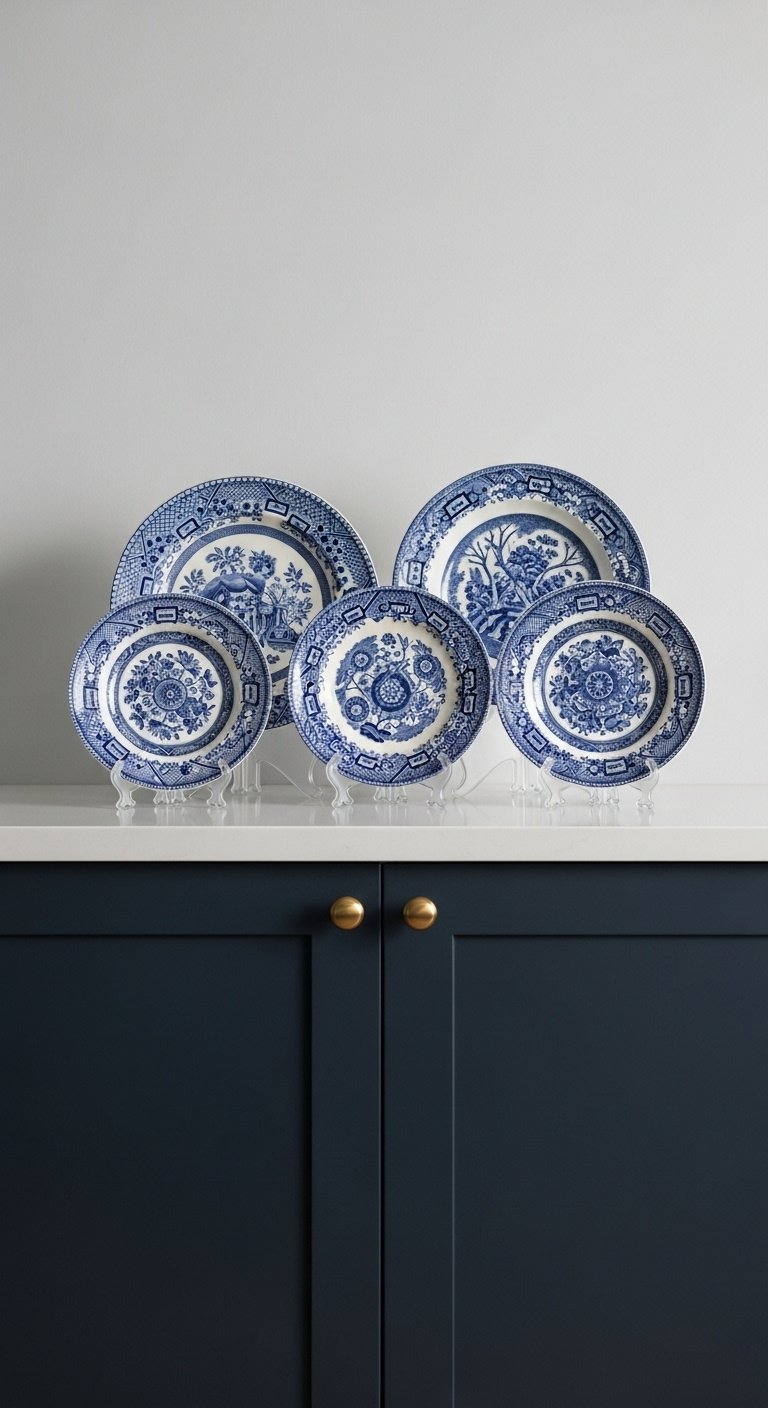 Collection of blue and white vintage china plates artfully arranged on clear stands atop dark navy blue kitchen cabinets