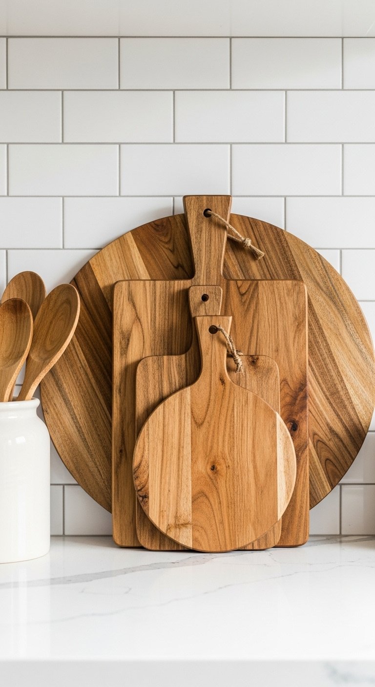 Collection of three rustic wood cutting boards layered against a white subway tile backsplash with wooden spoons