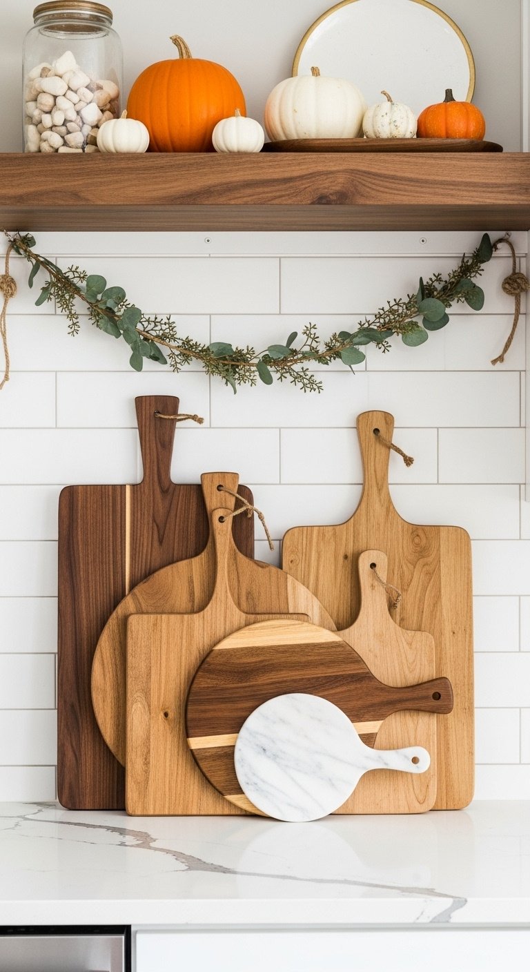 Collection of three to five wooden cutting boards of different sizes shapes and wood tones layered on top of kitchen cabinets