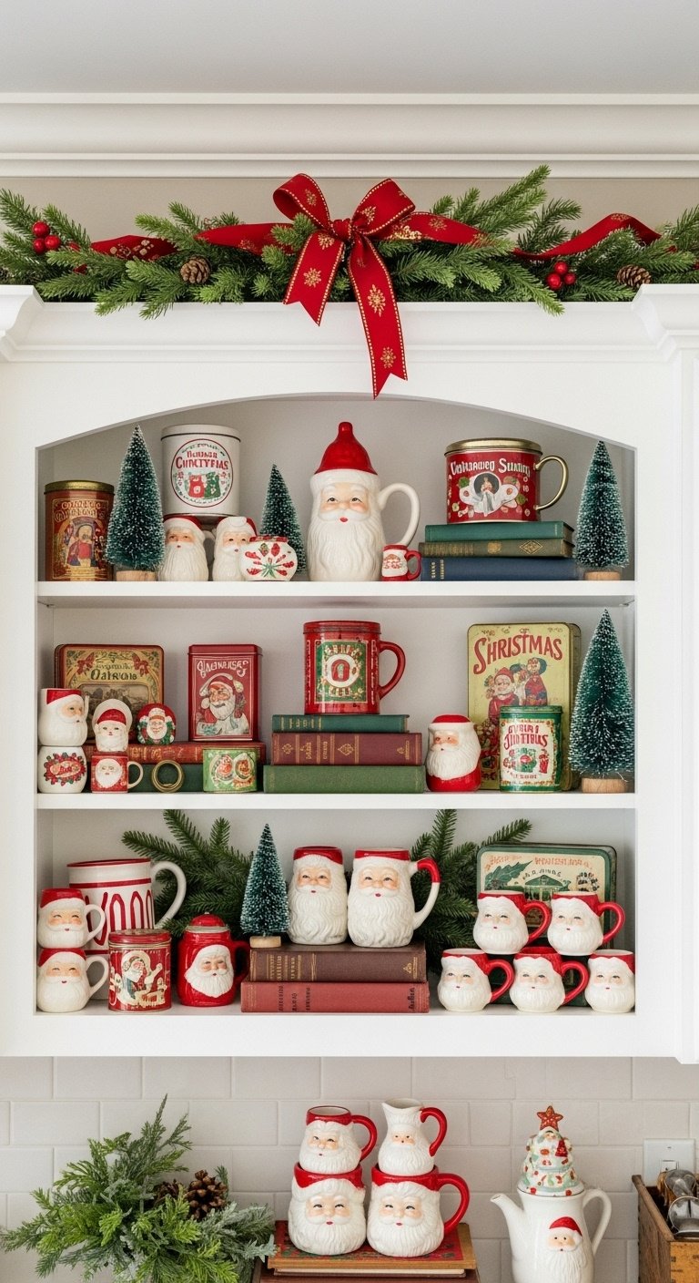 Collection of vintage Christmas collectibles like Santa mugs and tins with faux greenery above kitchen cabinets