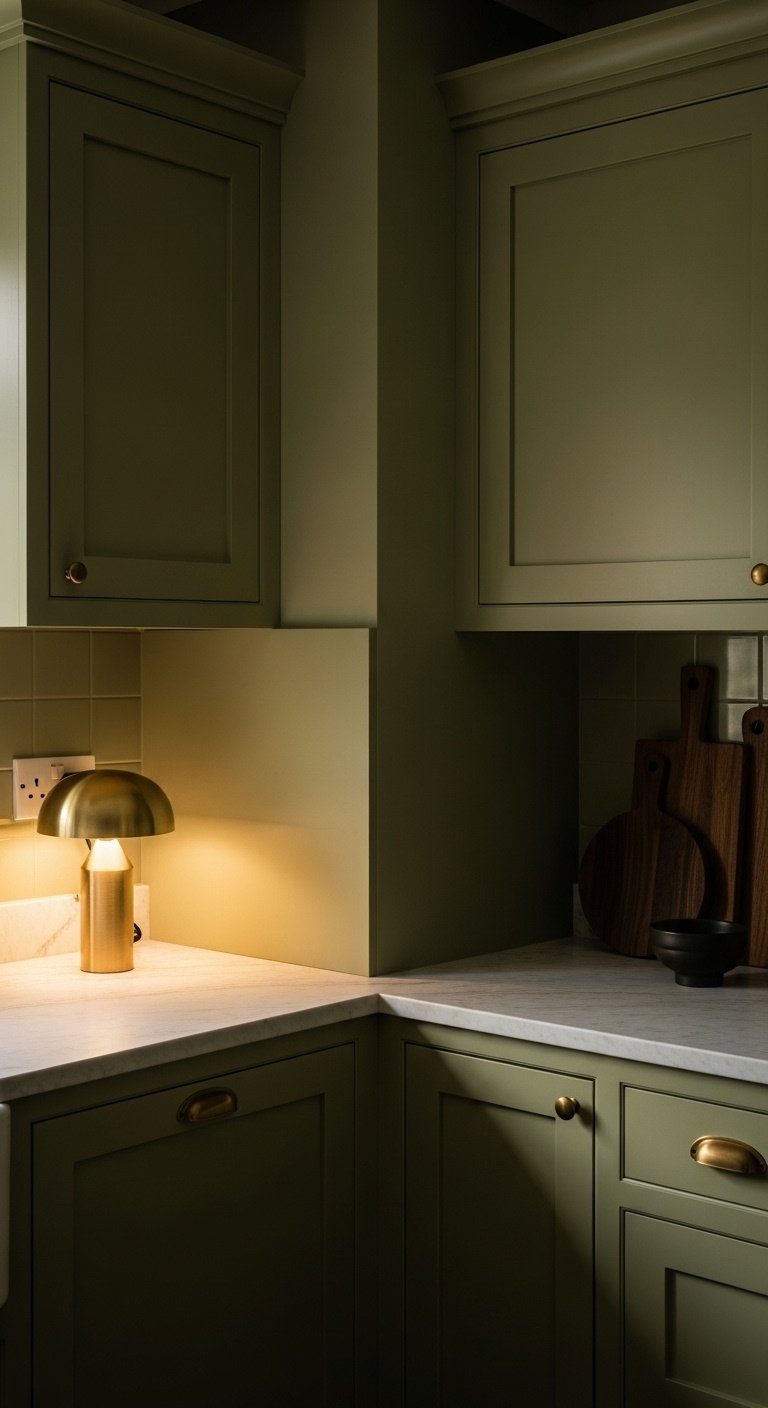 Color drenched olive green kitchen with matching cabinets walls trim light marble countertop brass lamp dark wood cutting boards