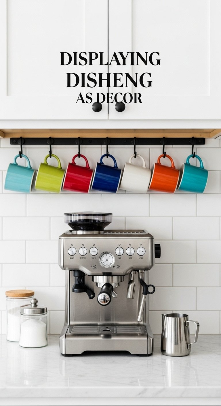 Colorful mismatched ceramic mugs hanging as kitchen decor above an espresso machine and marble countertop