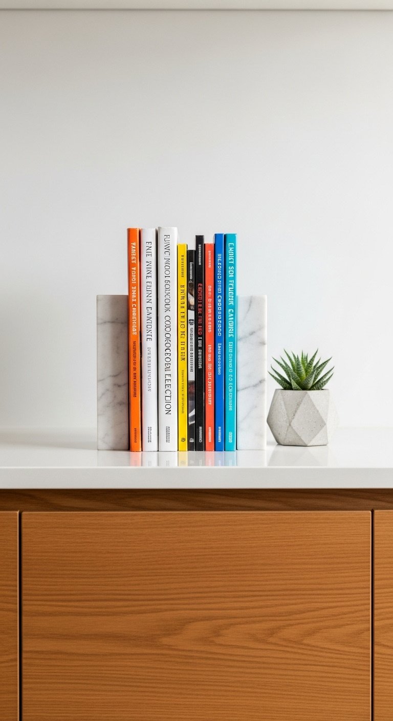 Colorful row of hardcover cookbooks between marble bookends on wood kitchen cabinets with a small succulent plant