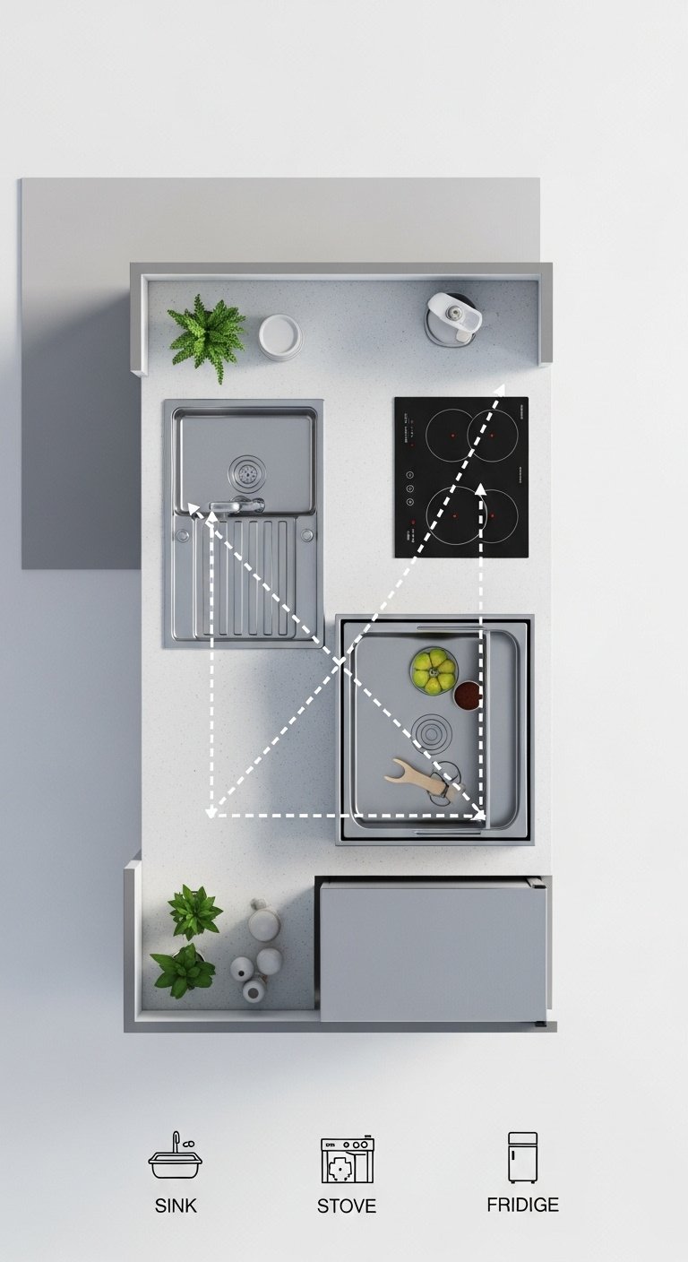 Compact L-shaped kitchen layout with dotted lines showing the working triangle of sink stove and refrigerator