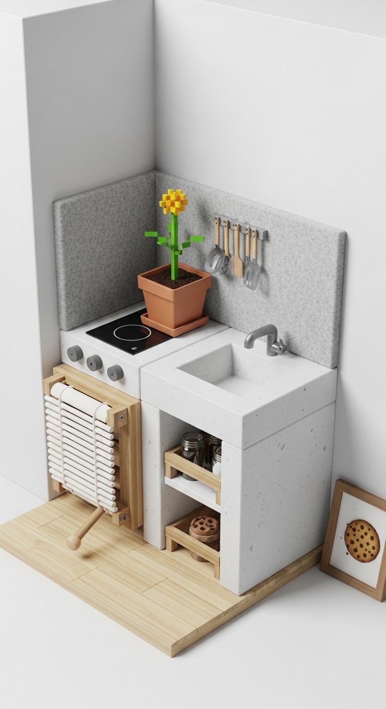 Compact Minecraft kitchen with white concrete counters gray wool backsplash loom cabinet flower pot and cookie item frame