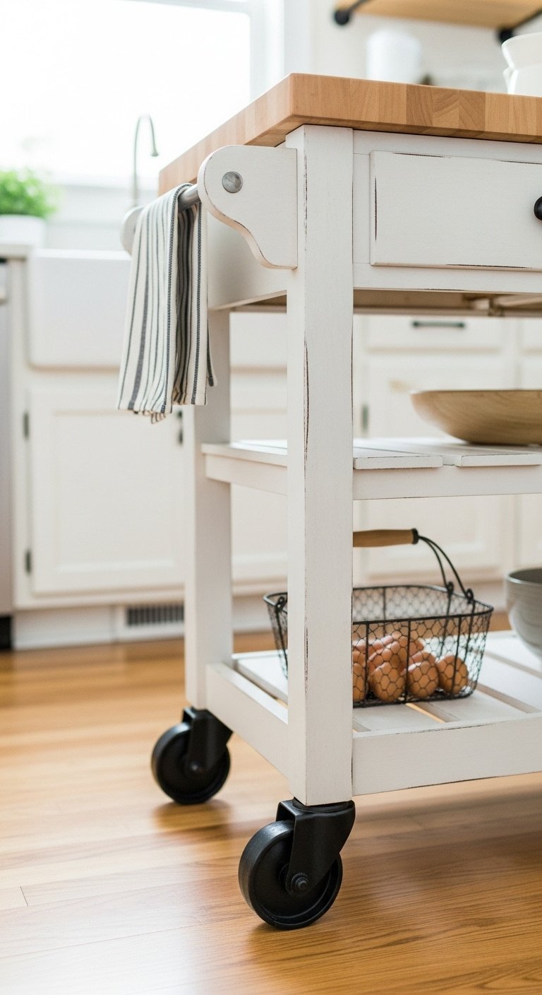 Compact farmhouse kitchen island painted distressed white with butcher block top and industrial locking caster wheels