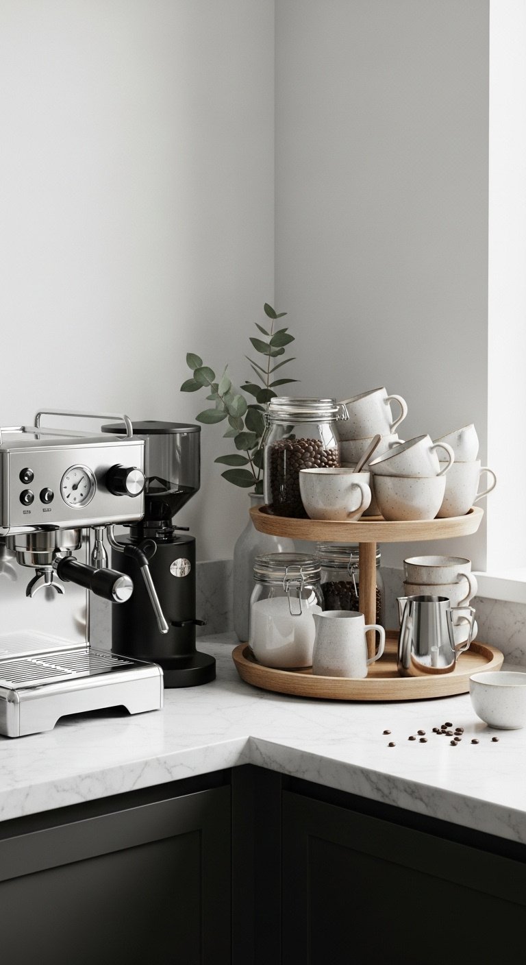 Compact freestanding kitchen featuring a movable island and open shelving with butcher block counters