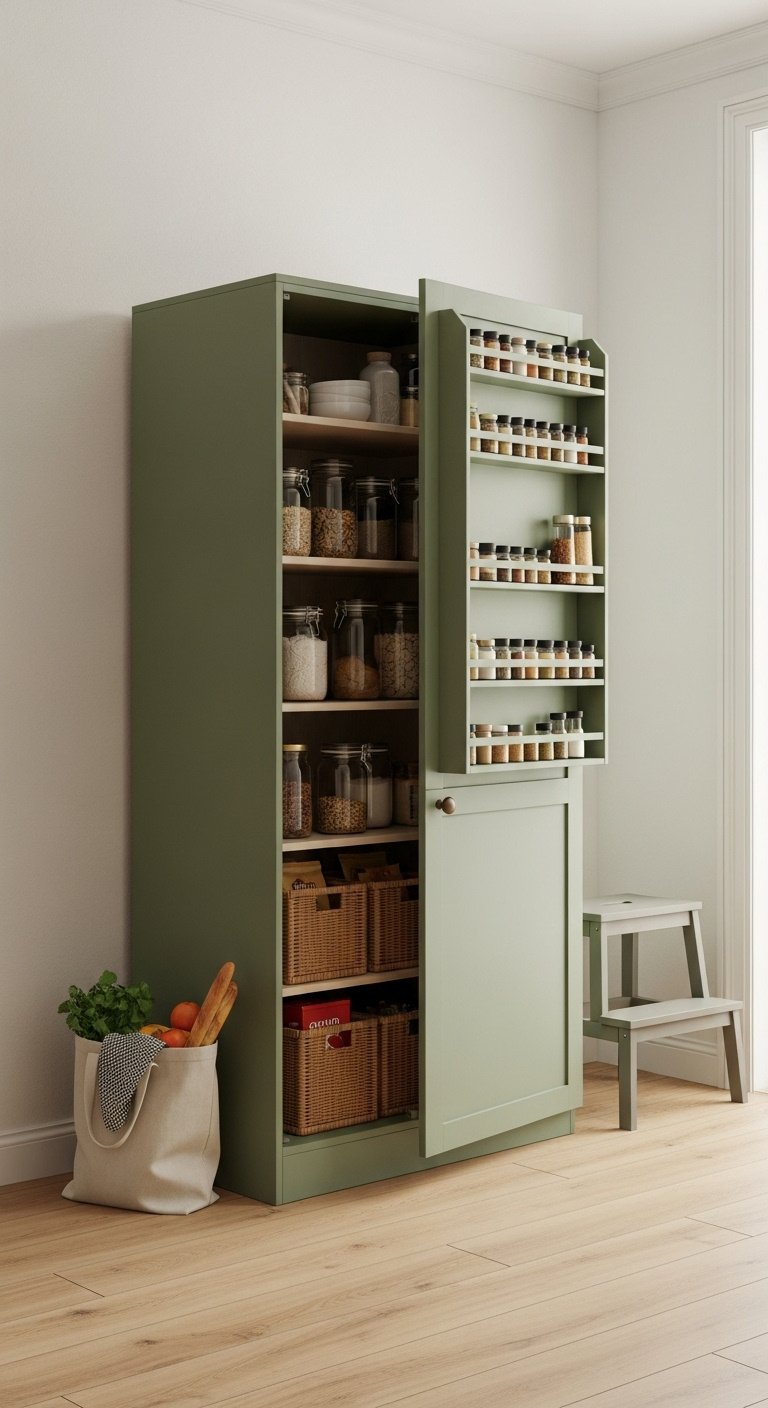 Compact freestanding kitchen featuring a movable island open shelves and pantry cabinet