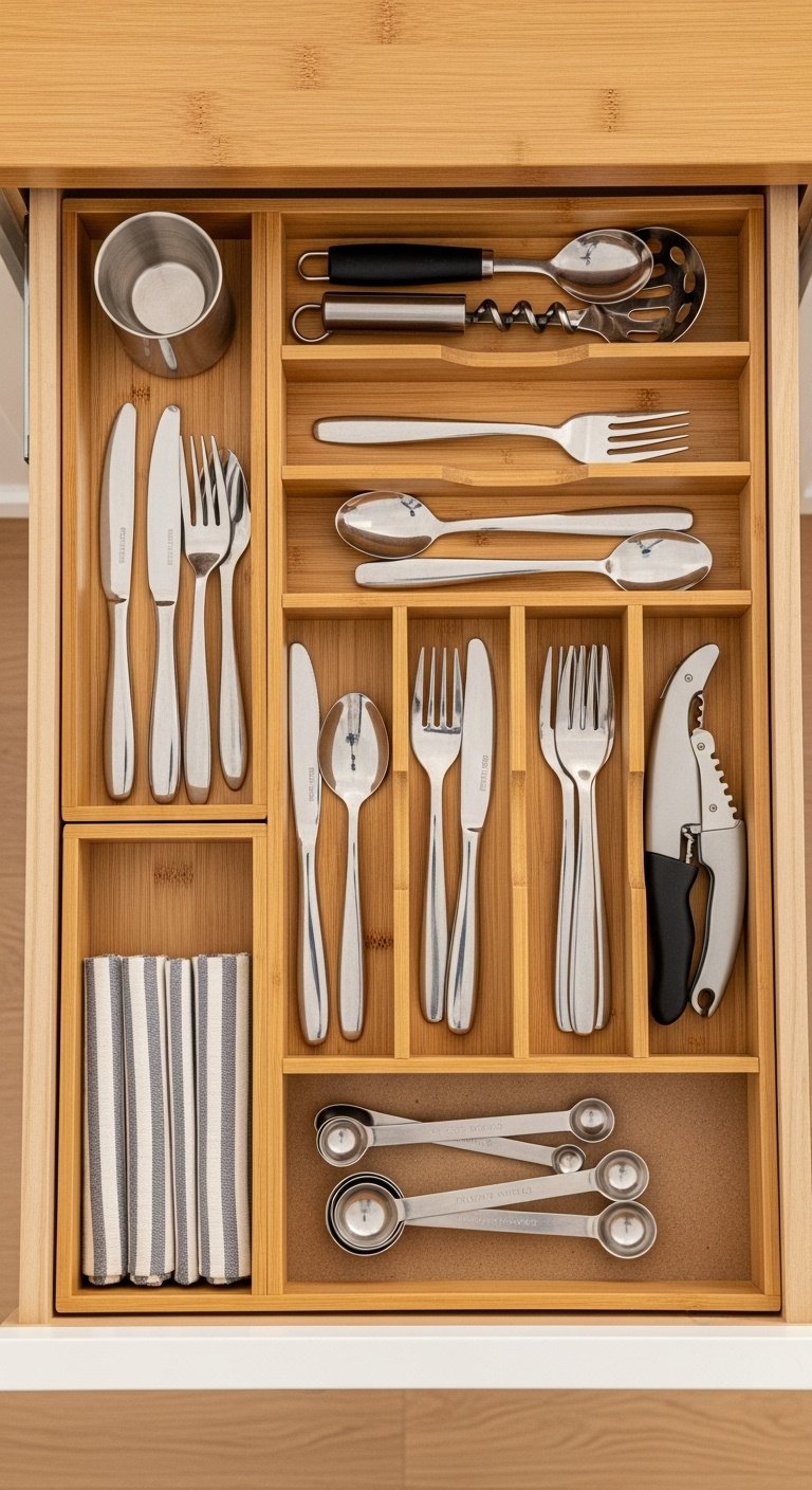 Compact kitchen with organized counter space wall storage and pull out cabinet bins