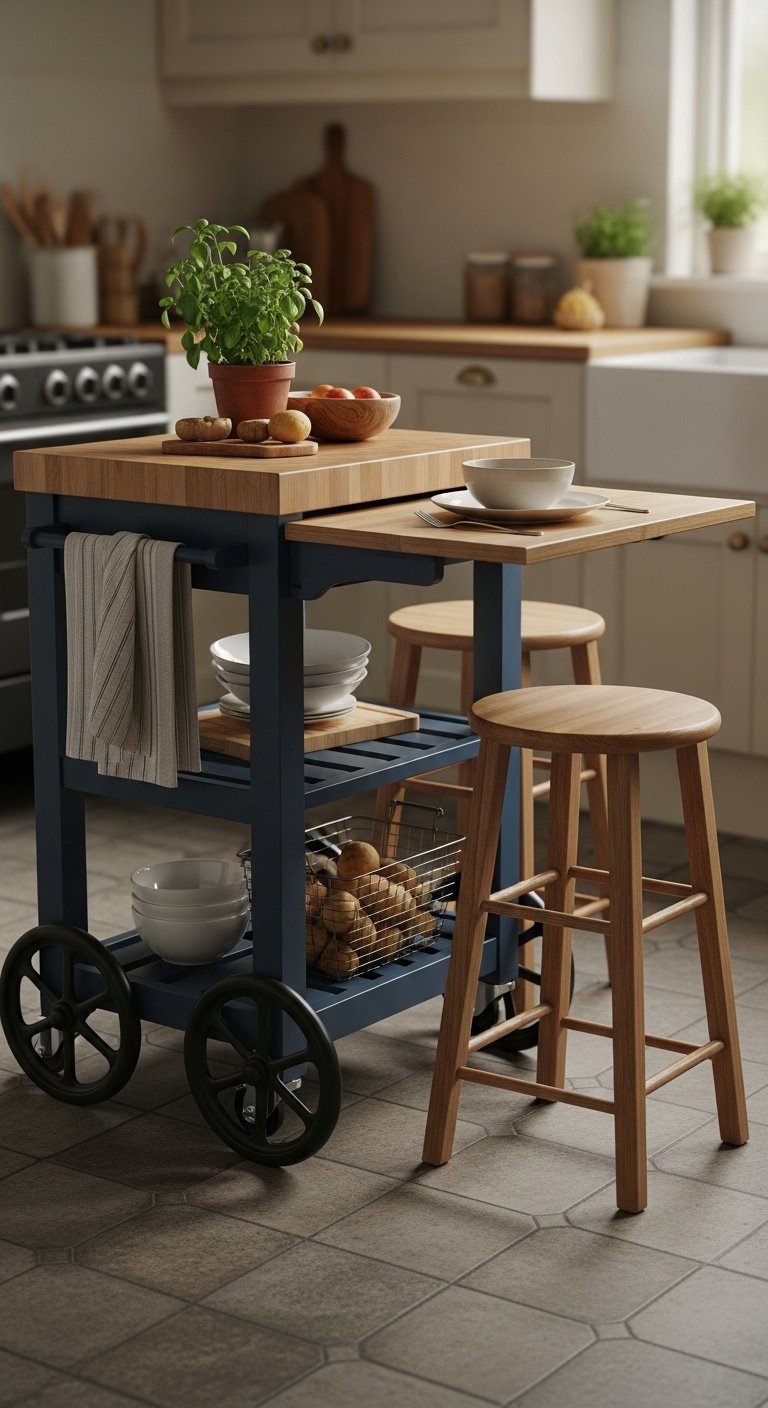 Compact mobile kitchen cart with butcher block top navy blue base drop-leaf extension and wooden stools in a cozy kitchen