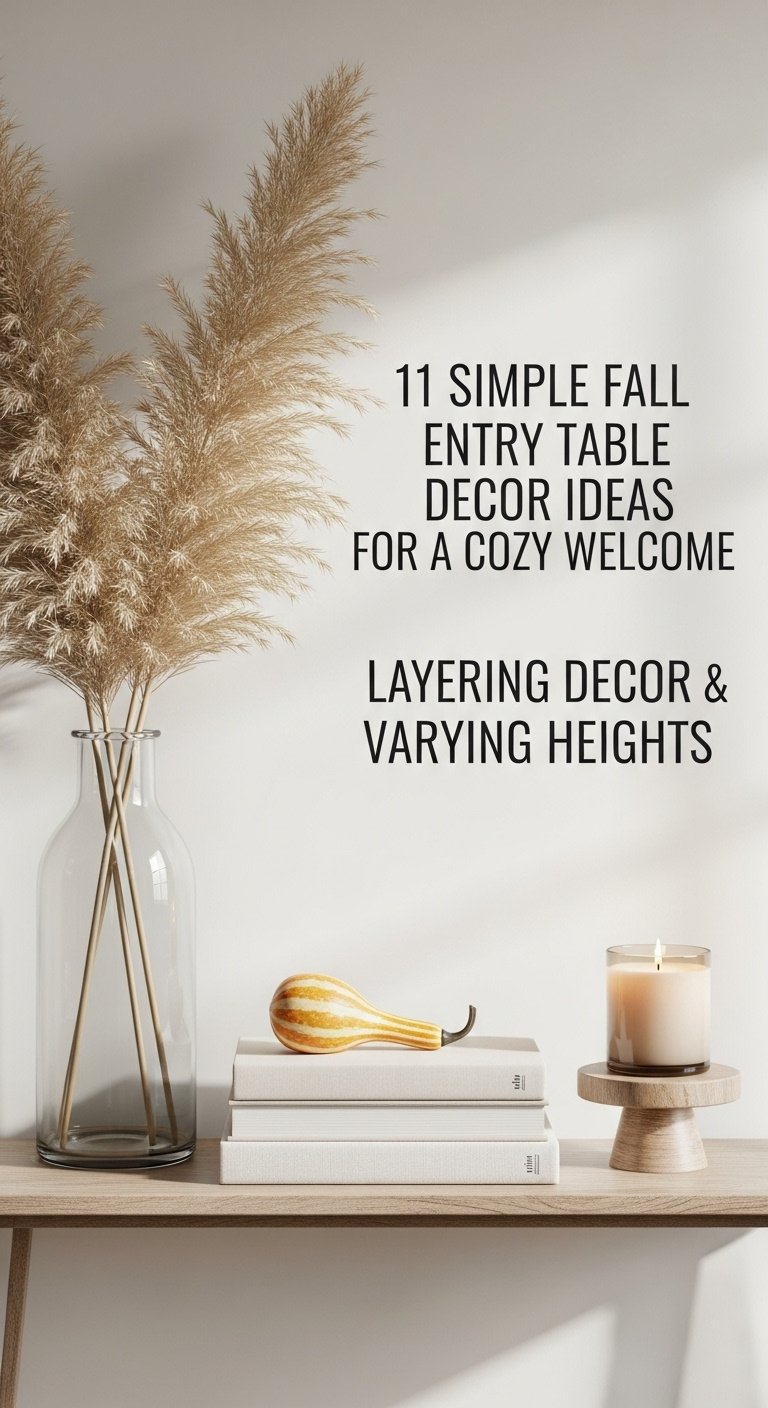Console table vignette with tall pampas grass books gourd and chunky candle on a wooden riser with studio light