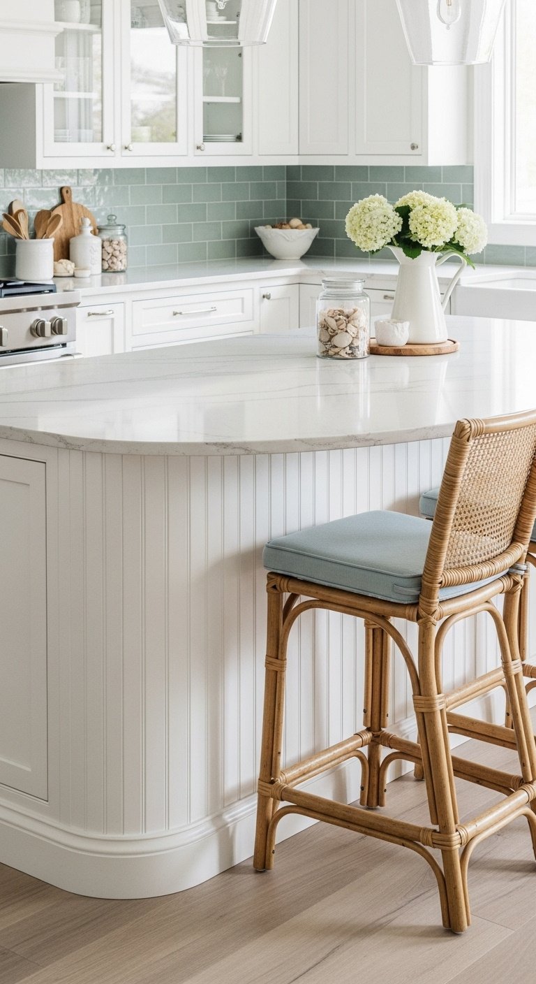 Contemporary kitchen featuring a curved island with white quartz countertop fluted oak base and three stools