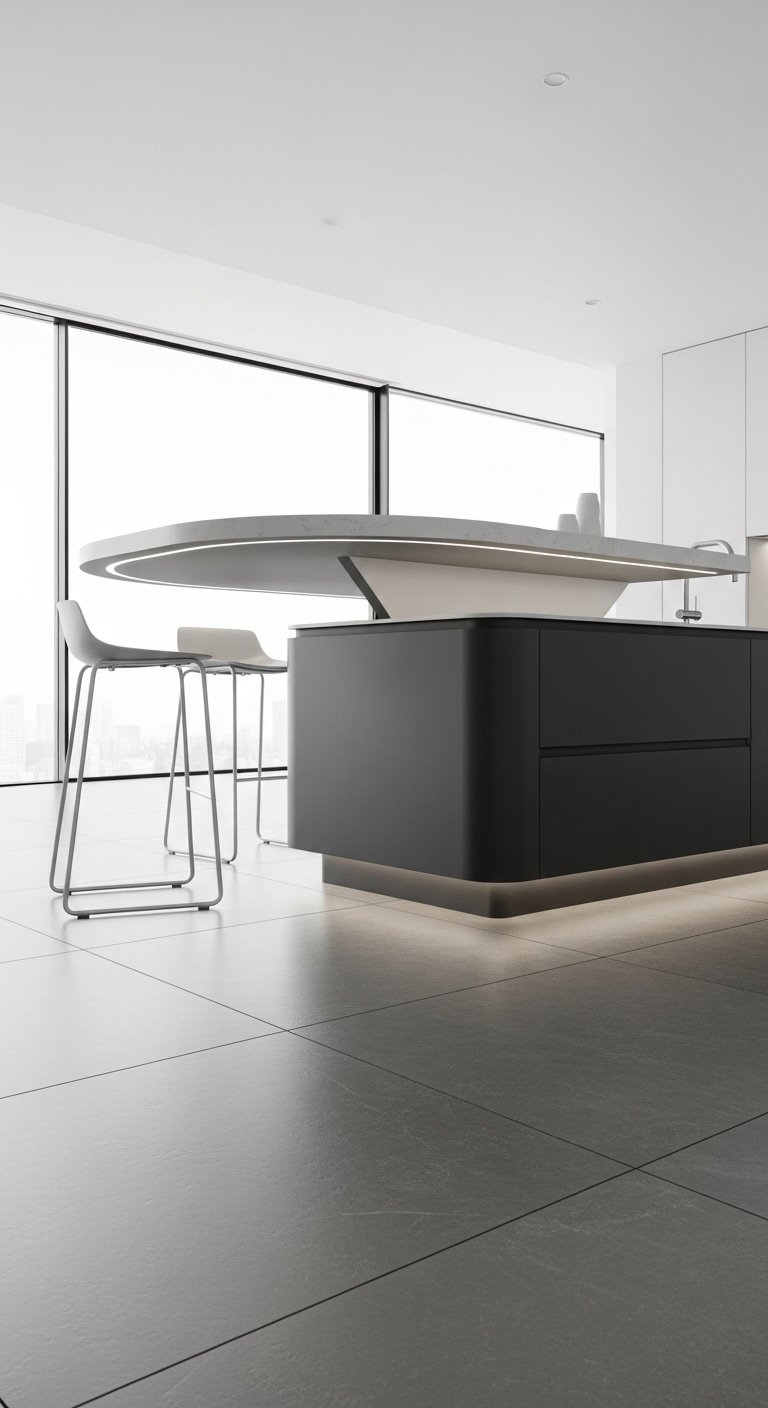 Contemporary kitchen featuring a curved island with white quartz countertop fluted oak base and three stools