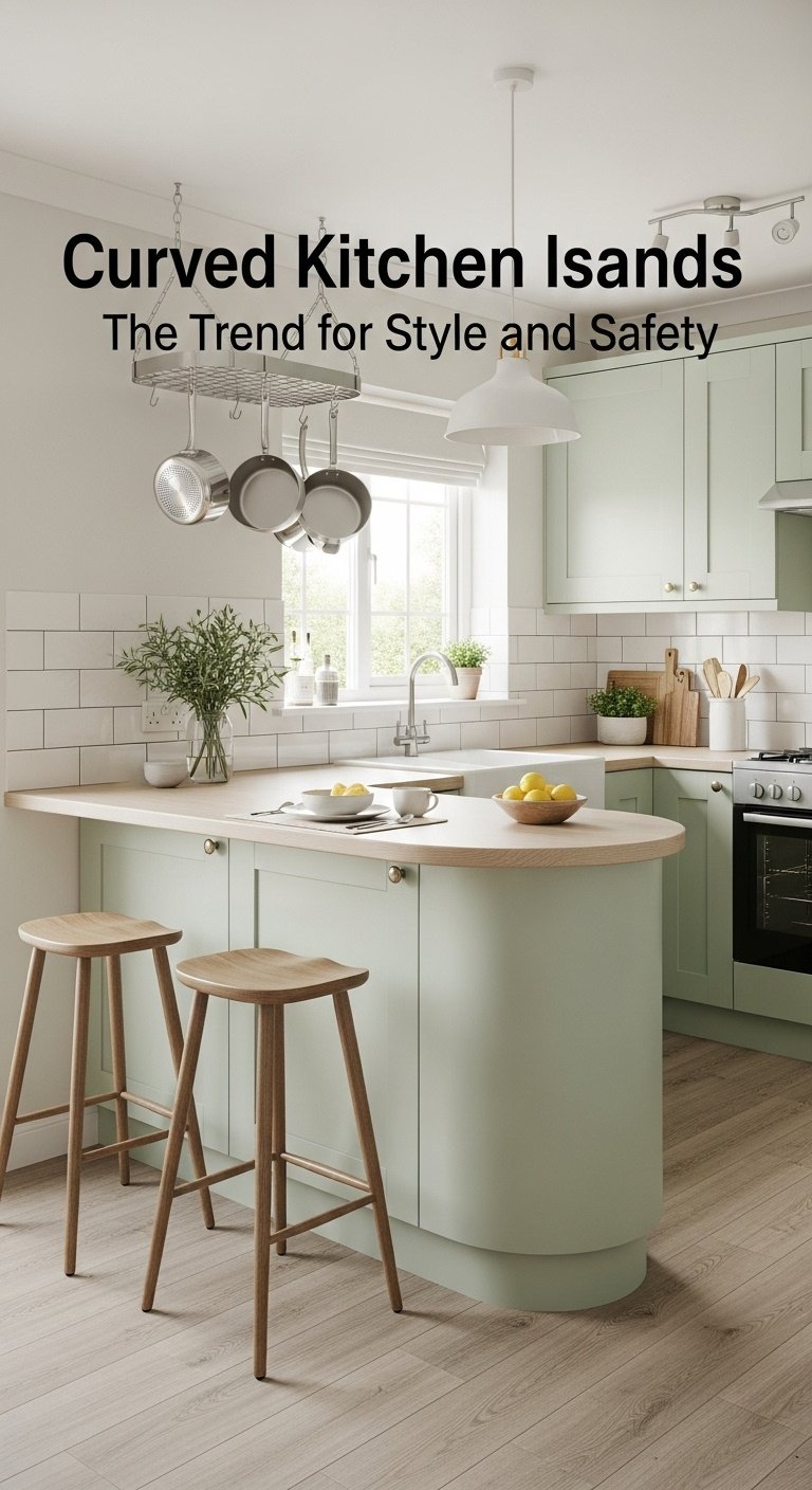 Contemporary kitchen featuring a curved island with white quartz countertop fluted oak base and three stools