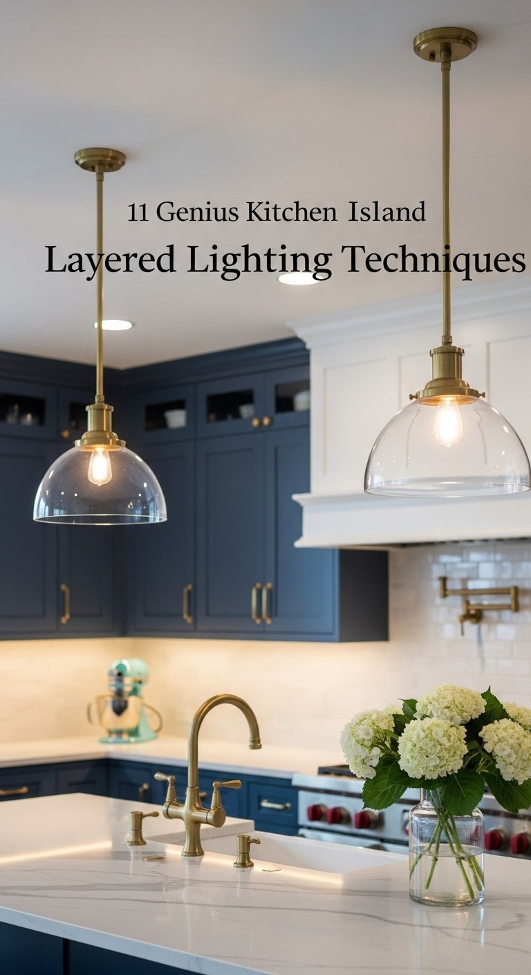 Contemporary kitchen island with matte brass dome pendants and dark wood cabinetry in warm light