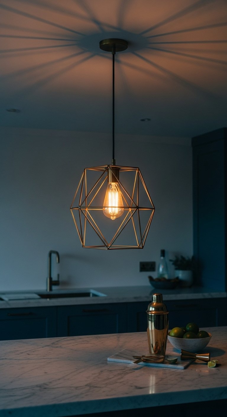 Contemporary kitchen island with three matte brass dome pendants and warm natural light