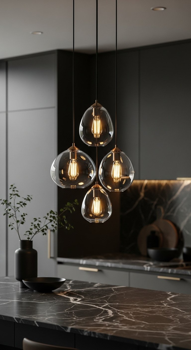 Contemporary kitchen island with three matte brass dome pendants over a quartz countertop
