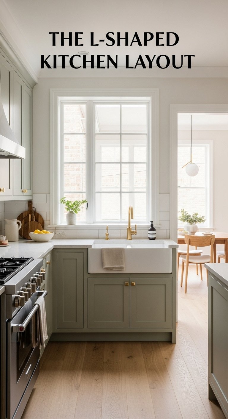Contemporary kitchen layout with L-shaped cabinets central island and a floor plan