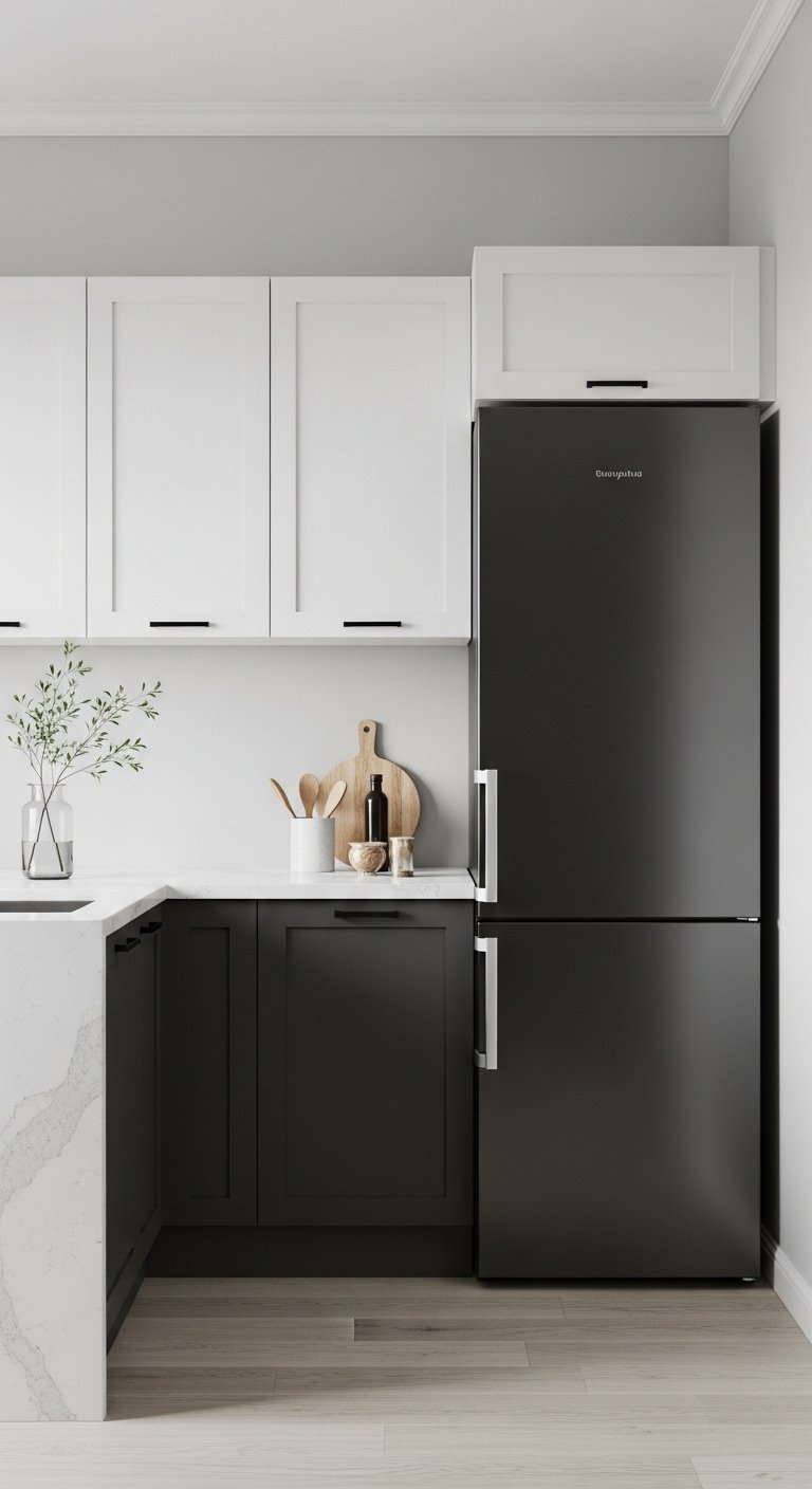 Contemporary two-tone kitchen with charcoal gray lower and white upper cabinets matte black refrigerator and white quartz waterfall countertop