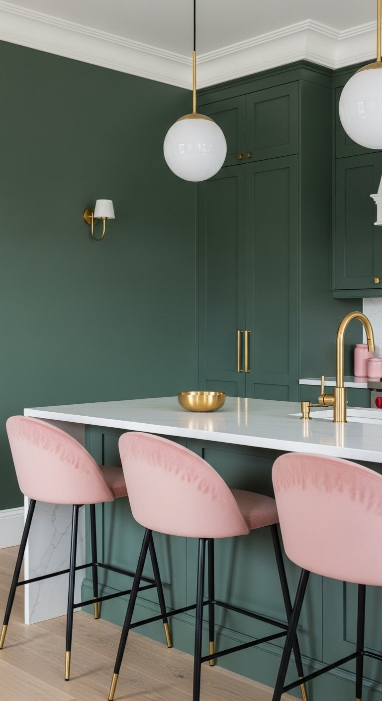 Contrasting colors with green walls featuring deep sage green walls and dusty blush pink velvet bar stools