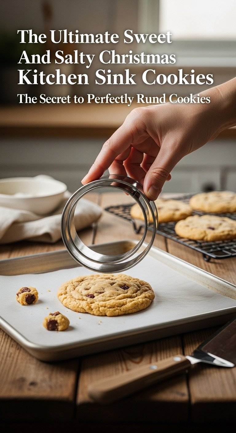 Cookie scoot trick for perfectly round Christmas Kitchen Sink Cookies on a baking sheet with a metal cutter and spatula