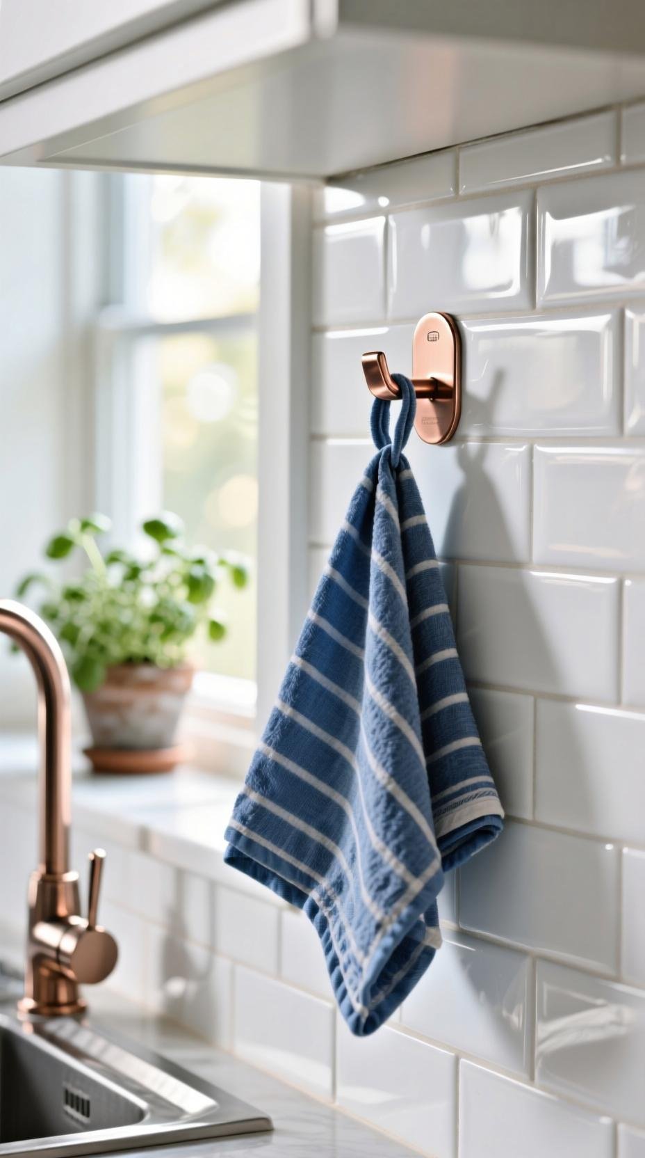 Copper adhesive hook with blue striped kitchen towel on a white subway tile backsplash next to a sink