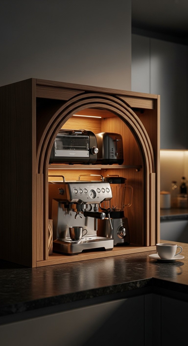 Corner appliance garage with tambour door partially open, revealing an espresso machine, toaster, and blender, warm light, dark granite counter