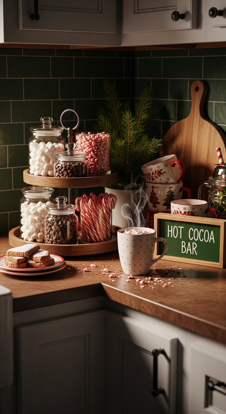 Cozy Christmas hot cocoa bar on a kitchen countertop with tiered tray marshmallows candy canes and festive mugs