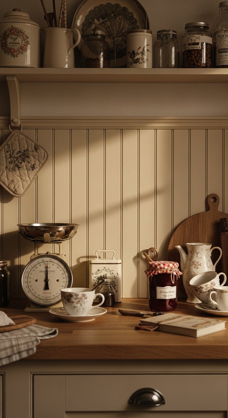 Cozy English cottage kitchen with a creamy beige beadboard backsplash wooden counter and vintage decor