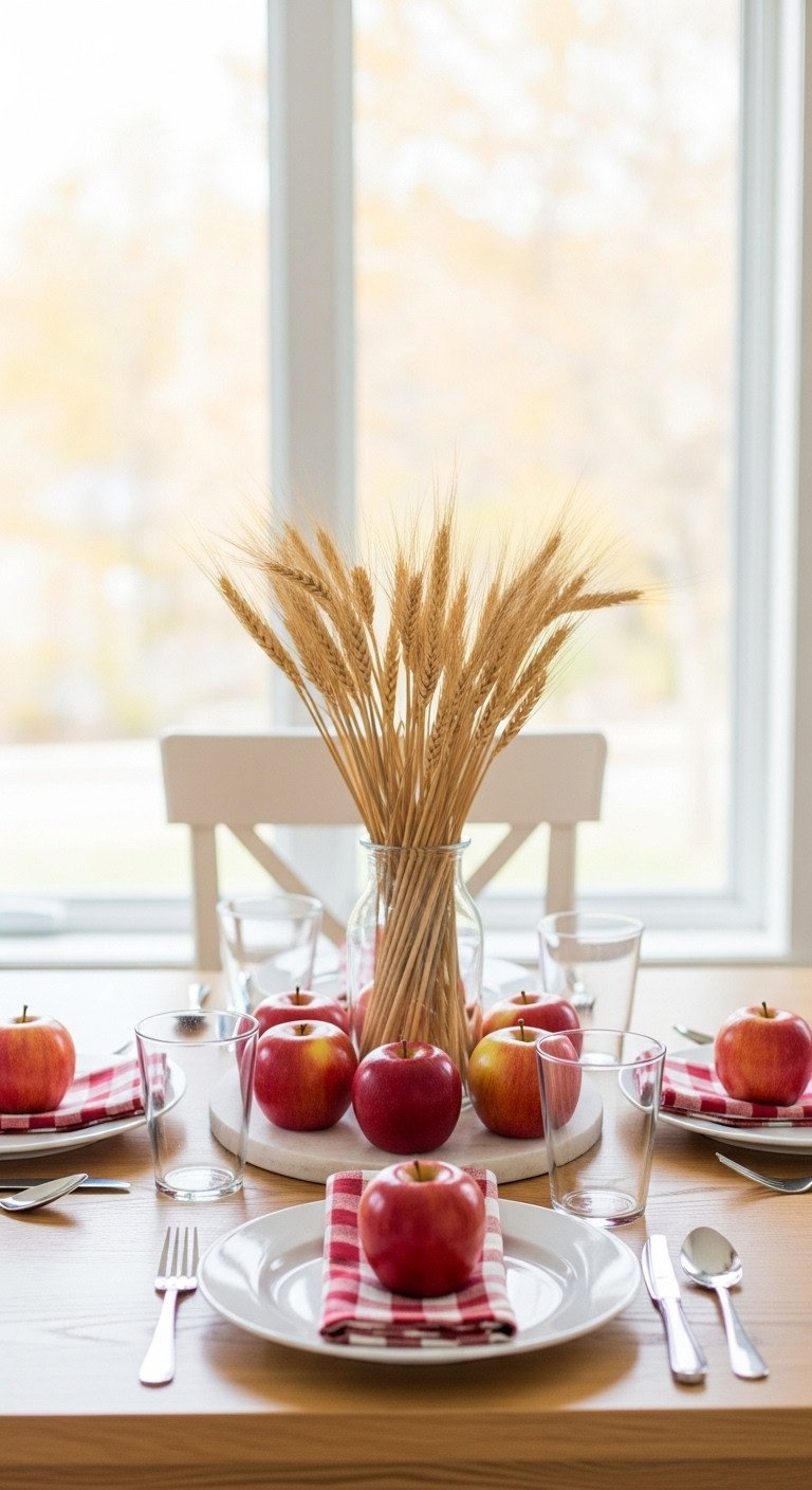 Cozy Thanksgiving apple orchard aesthetic table for two with dried wheat centerpiece red apple place cards and plaid napkins