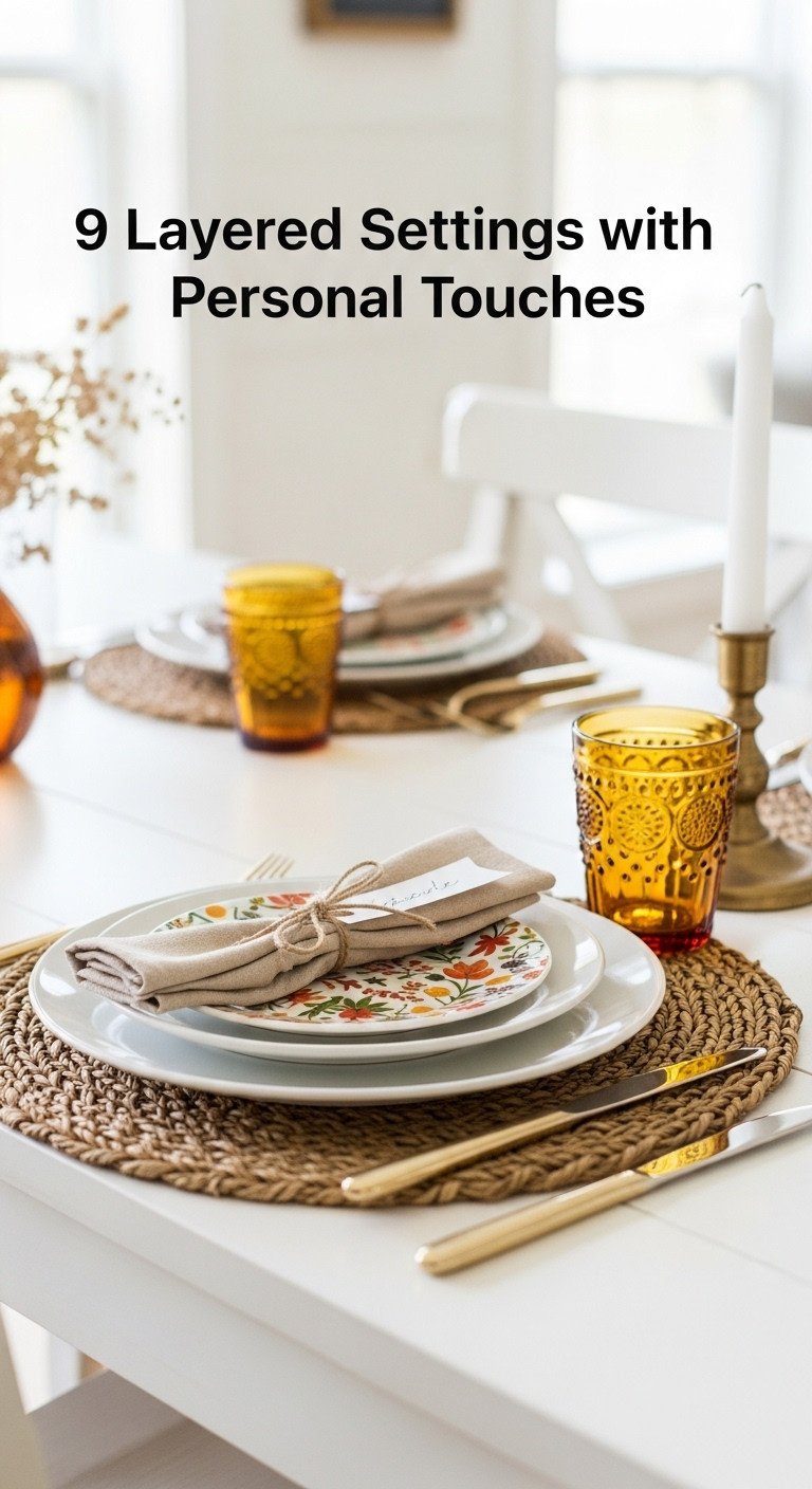 Cozy Thanksgiving layered place setting for two with seagrass placemat white plate botanical salad plate and amber glass