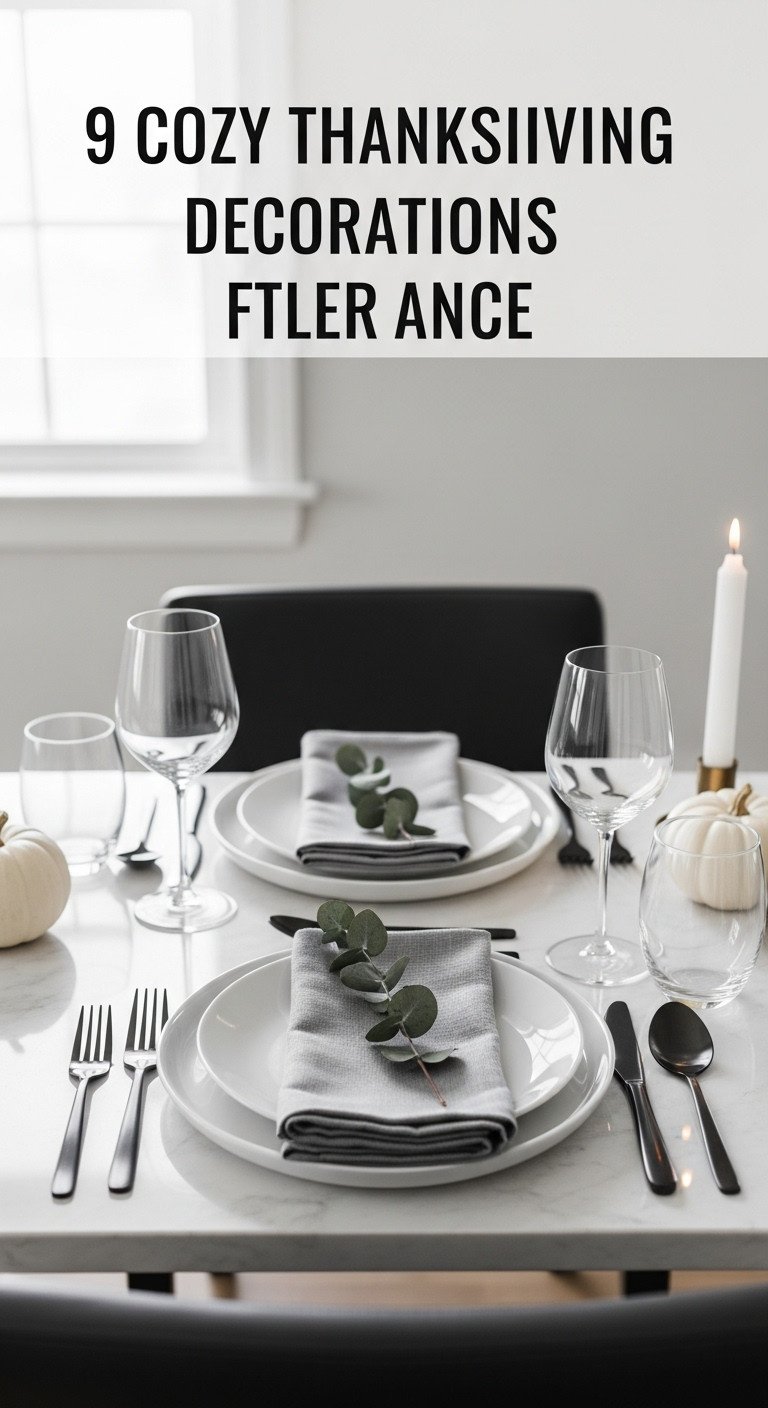 Cozy Thanksgiving minimalist table for two with white ceramic plates matte black flatware and eucalyptus on grey napkin