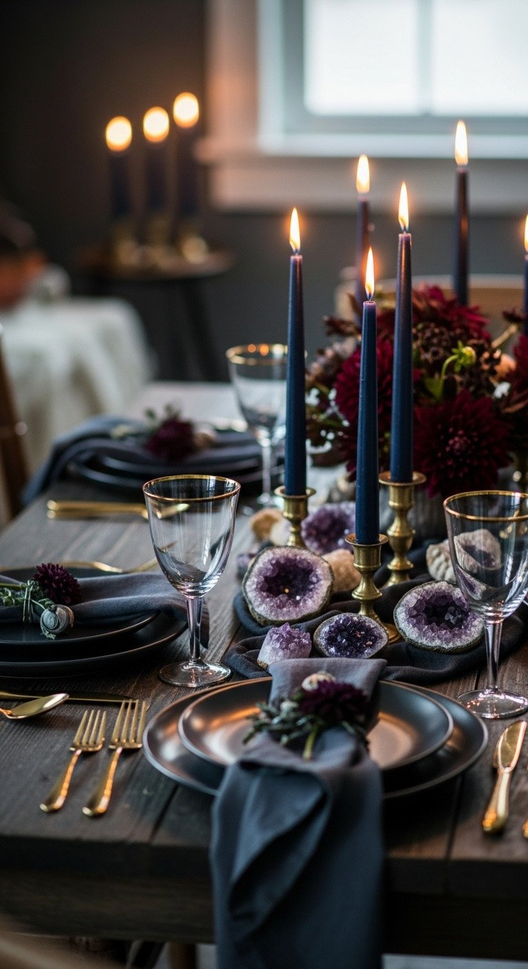 Cozy Thanksgiving mystical table for two with dark plates amethyst geodes midnight-blue taper candles and brass holders