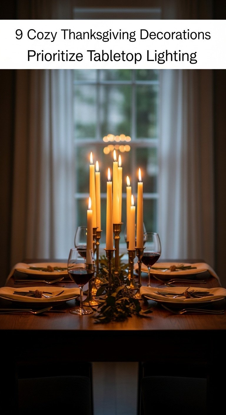 Cozy Thanksgiving table for two with a duel parade of glowing taper candles in brass holders and greenery