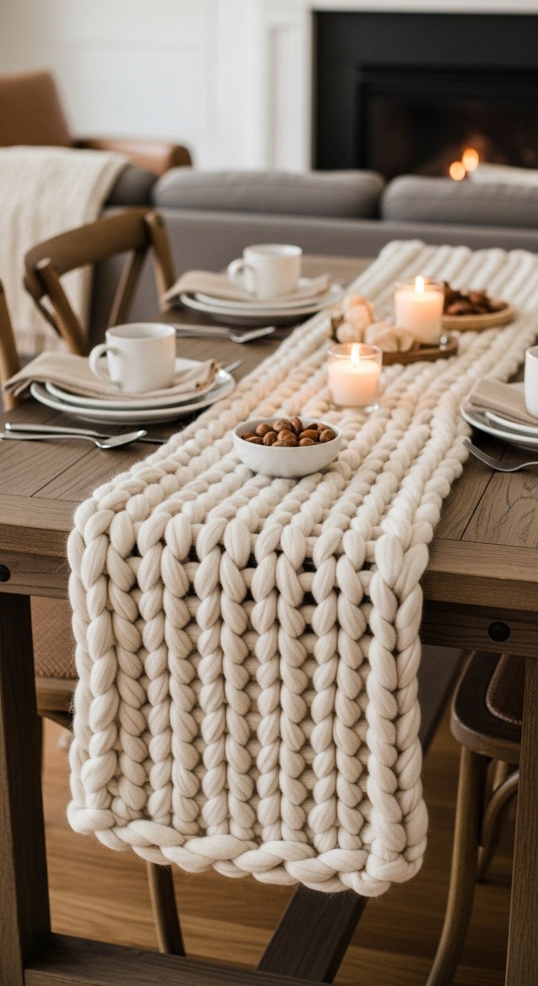 Cozy Thanksgiving table for two with chunky cream knit runner white plates mugs and lit candle on rustic wood table