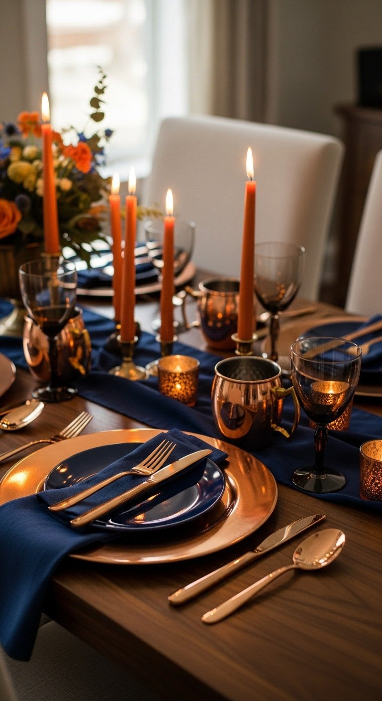 Cozy Thanksgiving table for two with cool copper chargers navy plates flatware mugs and floral arrangement
