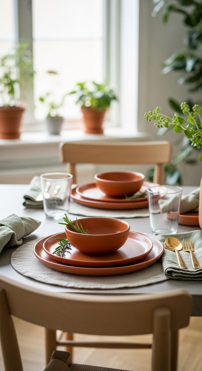 Cozy Thanksgiving table for two with matte terra cotta dinner plates natural linen placemats and sage green napkins