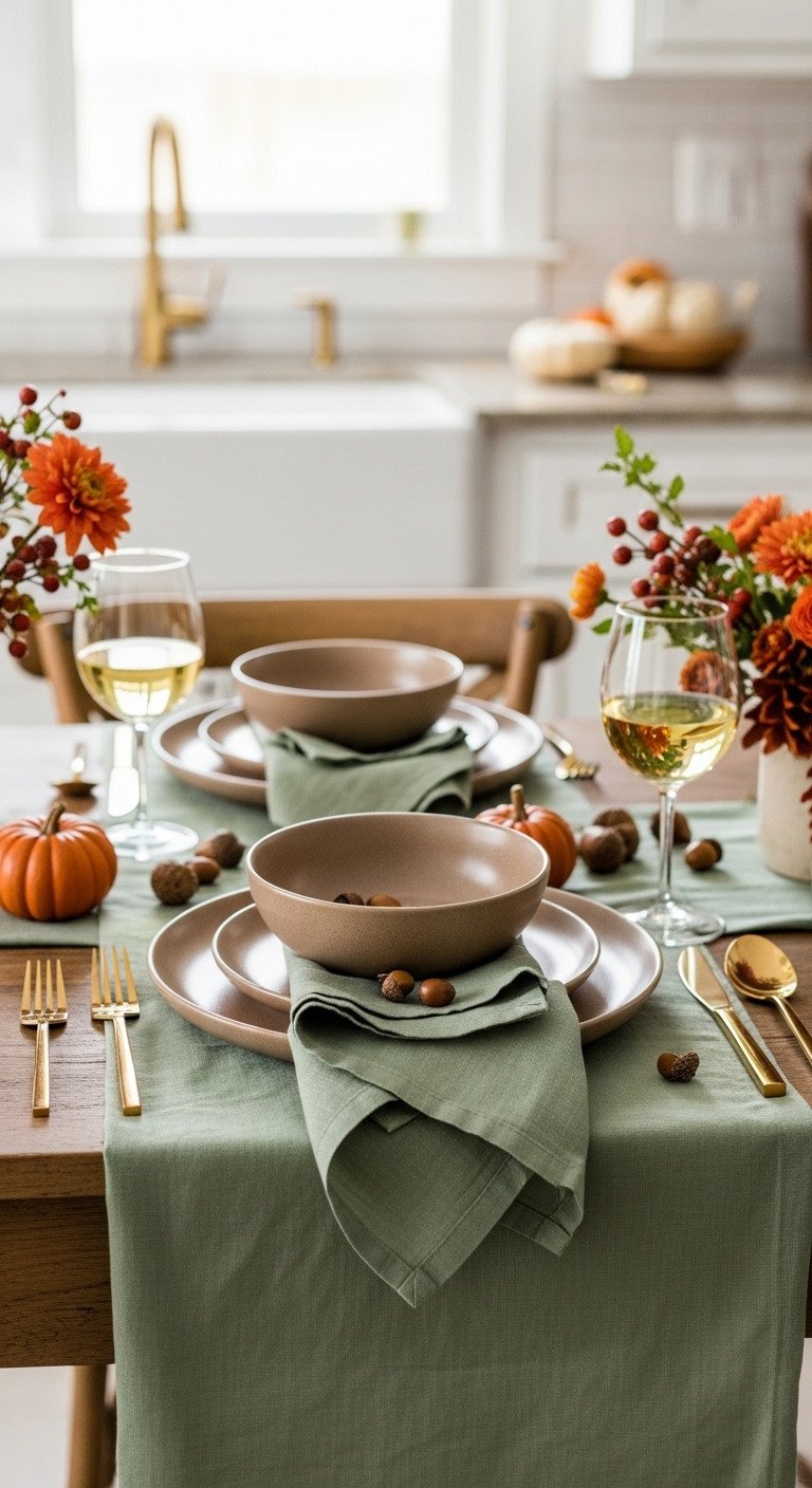 Cozy Thanksgiving table for two with sage green linens earthy taupe ceramic dinnerware and burnt orange florals