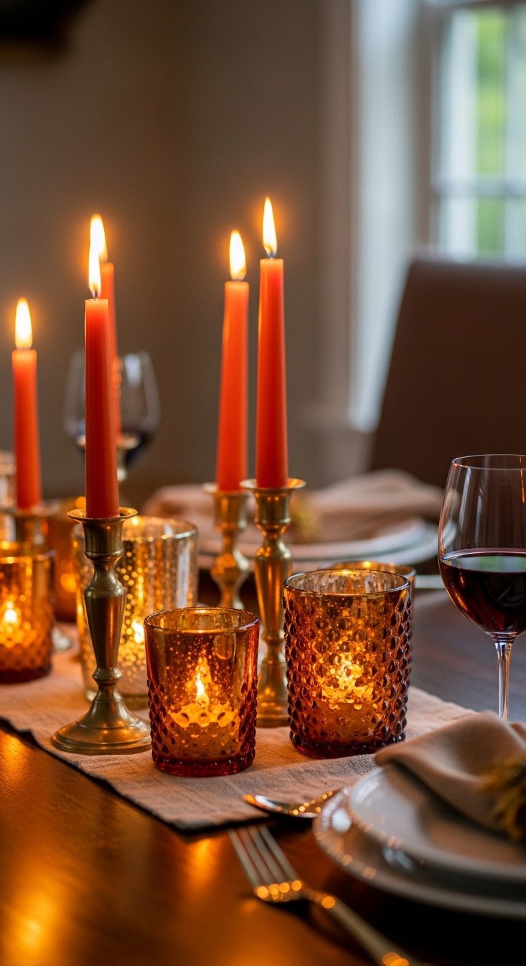 Cozy Thanksgiving table illuminated by orange candlesticks and amber glass votives creating a warm glow
