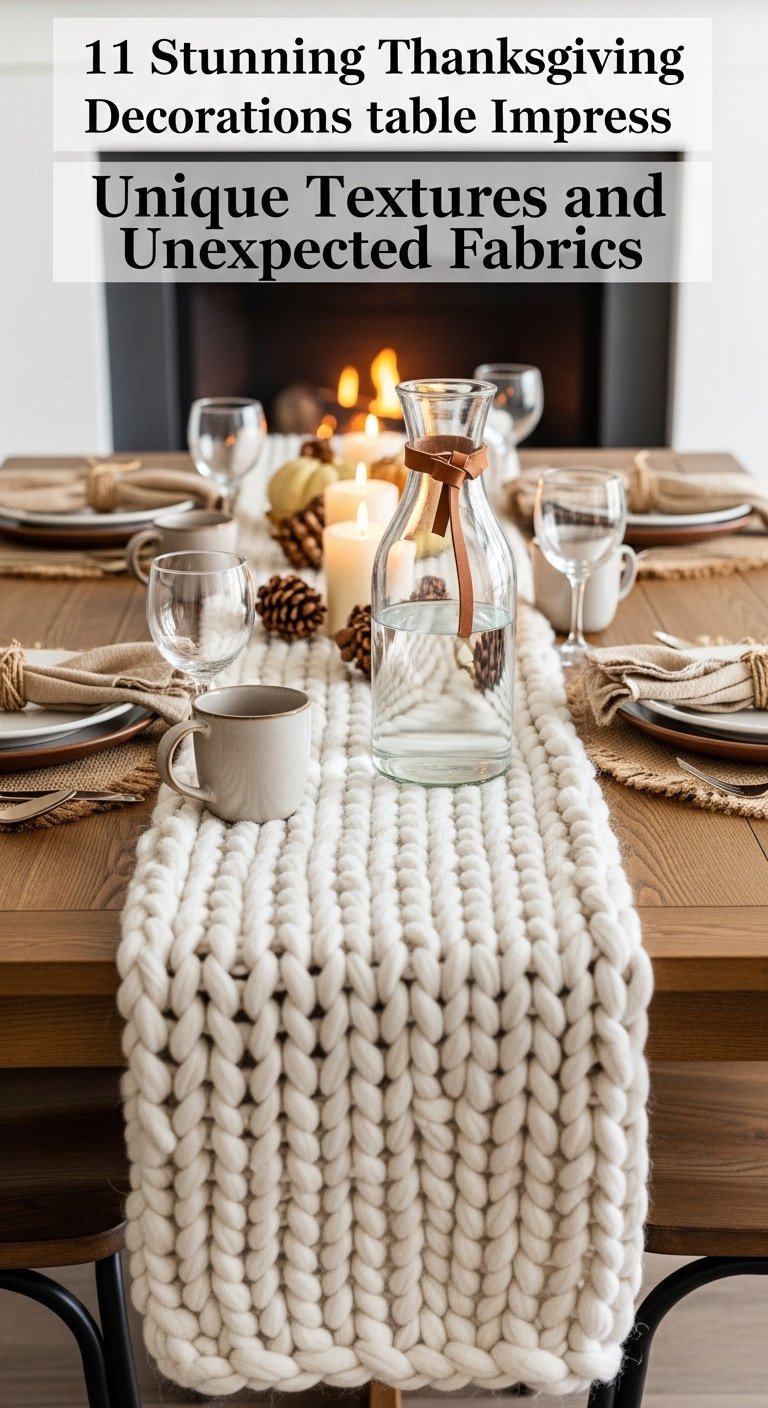 Cozy Thanksgiving tablescape with chunky knit table runner burlap placemats water carafe with leather strap and earthenware plates