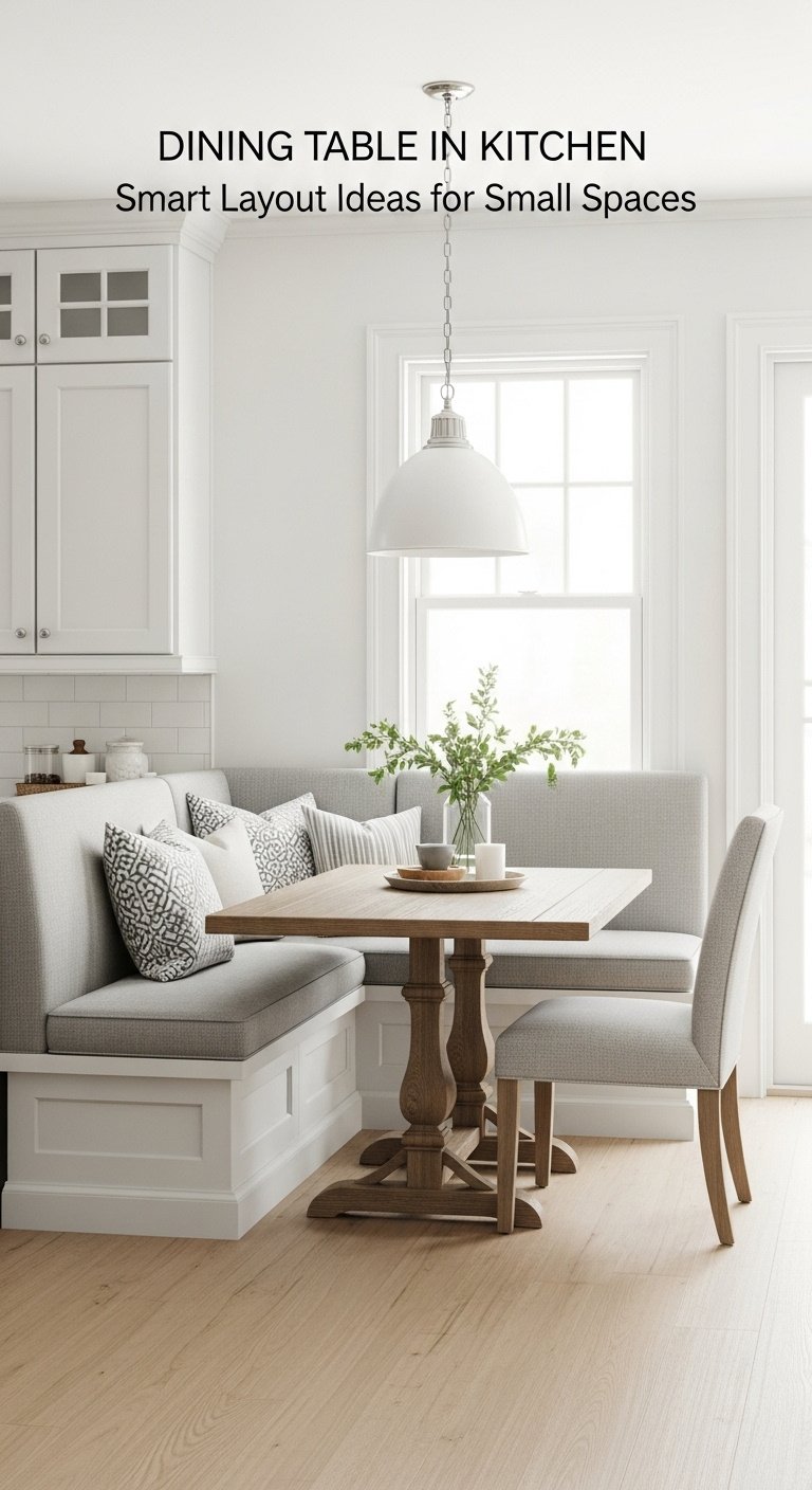 Cozy built-in dining nook with L-shaped light grey banquette and rustic wood rectangular table in a bright kitchen