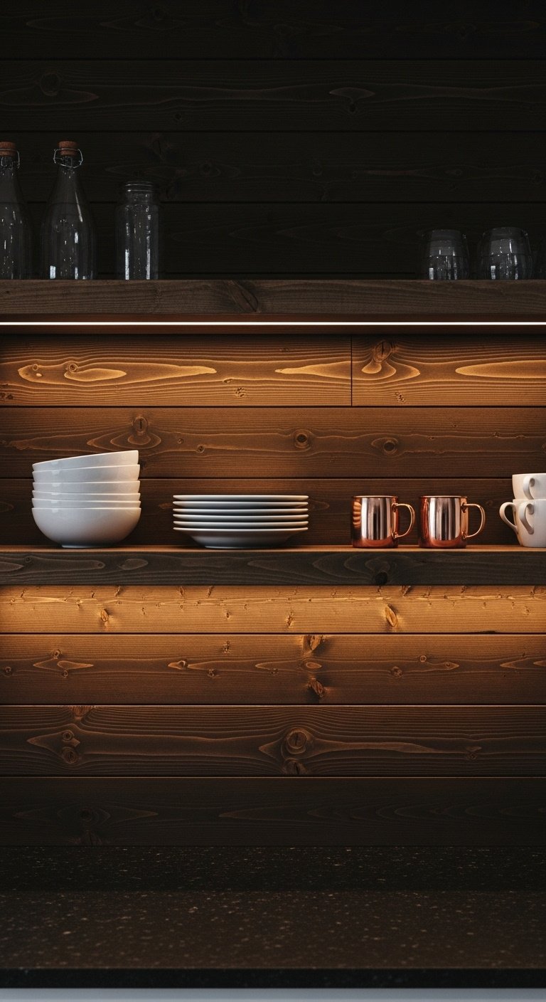 Cozy cabin kitchen with a dark-stained vertical shiplap backsplash open wood shelves and white ceramic dishes