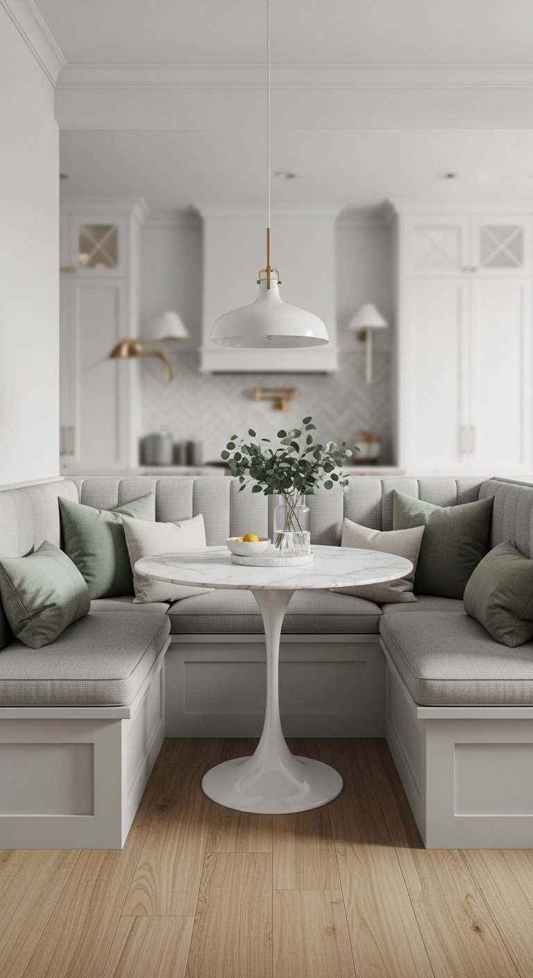 Cozy chic dining nook with light gray banquette and round white marble pedestal table in a kitchen corner