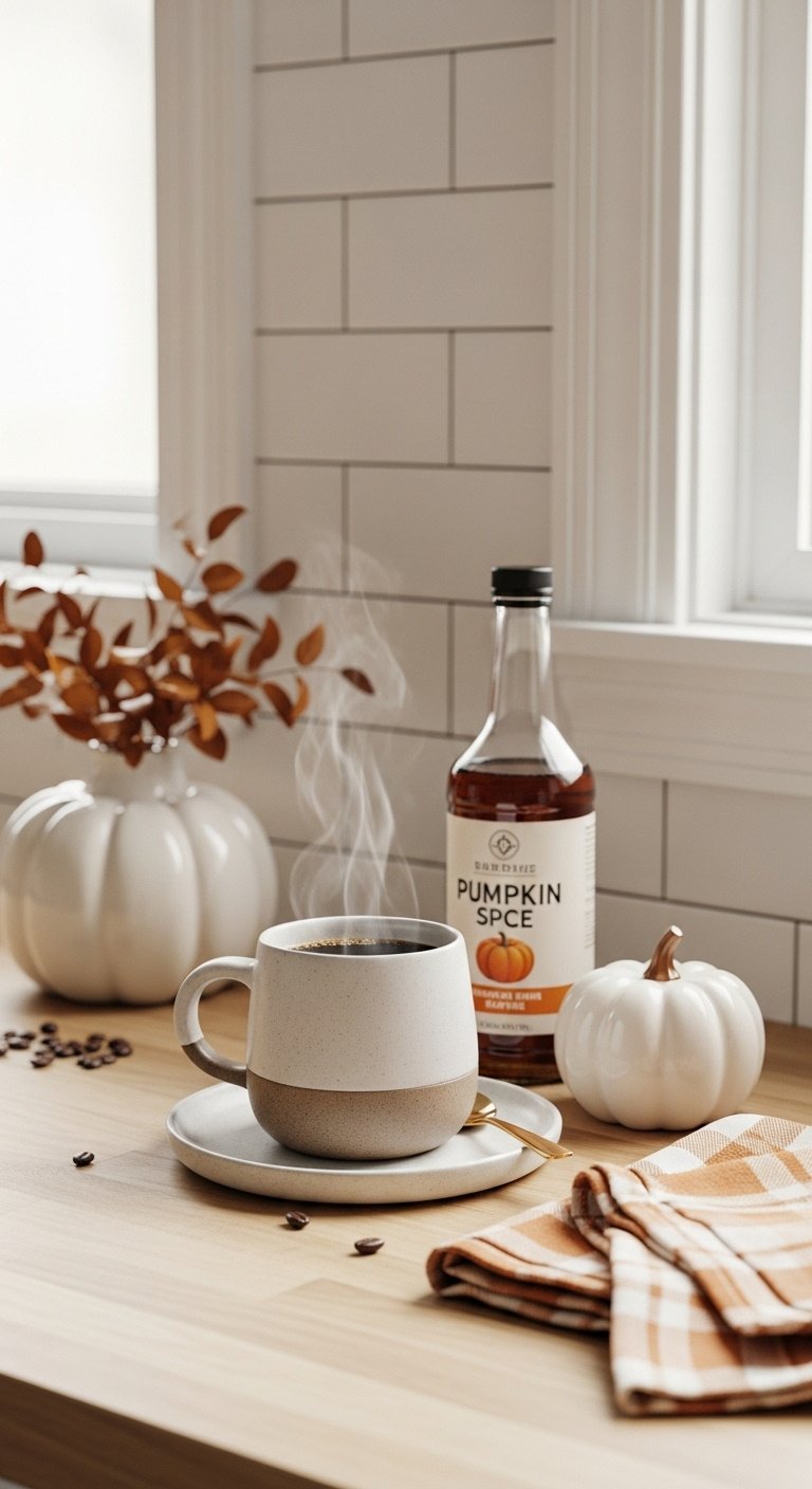 Cozy fall coffee station on a butcher block counter with a steaming mug pumpkin spice syrup and a ceramic pumpkin
