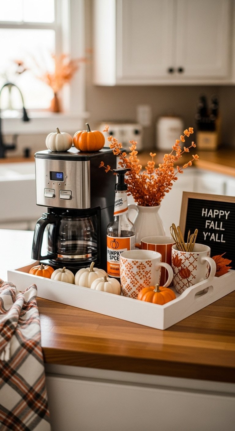 Cozy fall themed coffee bar with pumpkin spice syrup mugs and small pumpkins on a white tray with a Happy Fall Y'all letter board
